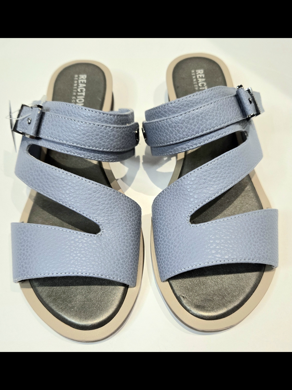 Kenneth Cole Reaction Jessie Asymmetrical Blue Triple-Strap Slide Sandals